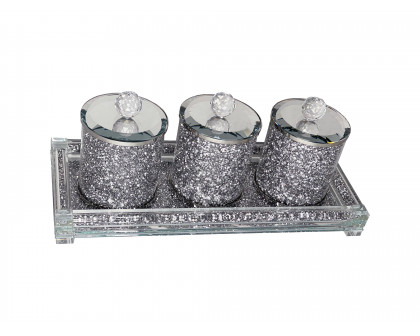 Furnings Three Glass Canister Set on a Tray, Silver Crushed Diamond Glass - 8"H x 4"D