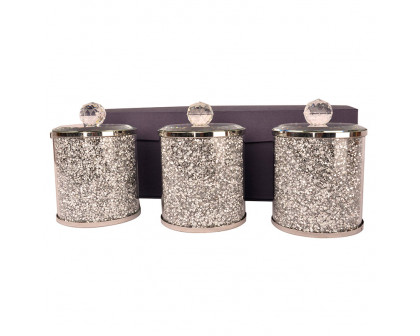 Furnings Three Glass Canister Set on a Tray, Silver Crushed Diamond Glass - 8"H x 4"D