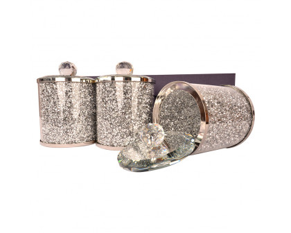 Furnings Three Glass Canister Set on a Tray, Silver Crushed Diamond Glass - 8"H x 4"D