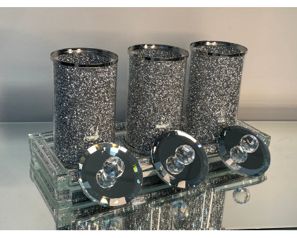 Furnings Three Glass Canister Set on a Tray, Silver Crushed Diamond Glass - 8"H x 4"D