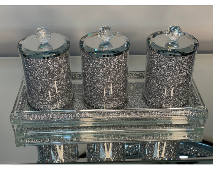 Furnings Three Glass Canister Set on a Tray, Silver Crushed Diamond Glass - 8"H x 4"D