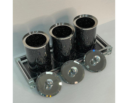 Furnings - Three Glass Canister Set on a Tray, Black Crushed Diamond Glass