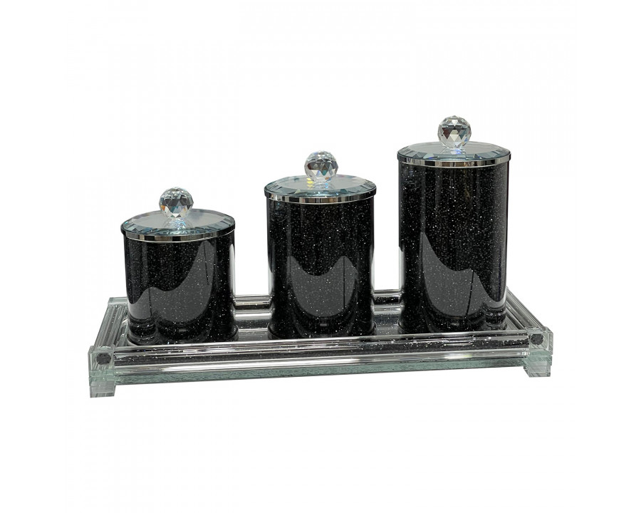 Furnings - Three Canisters and Tray Gift Set, Black Crushed Diamond Glass