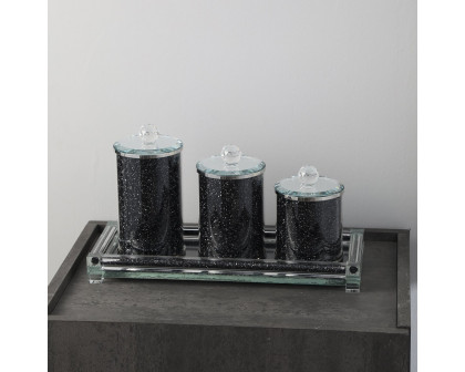 Furnings - Three Canisters and Tray Gift Set, Black Crushed Diamond Glass