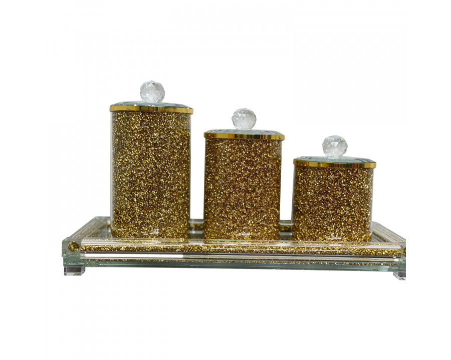 Furnings - Three Canisters and Tray Gift Set, Gold Crushed Diamond Glass