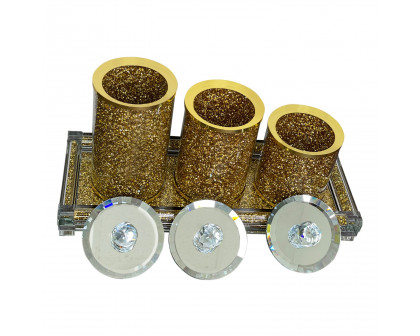 Furnings - Three Canisters and Tray Gift Set, Gold Crushed Diamond Glass