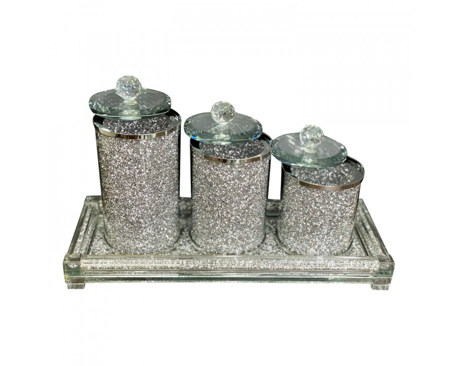 Furnings - Three Canisters and Tray Gift Set, Silver Crushed Diamond Glass