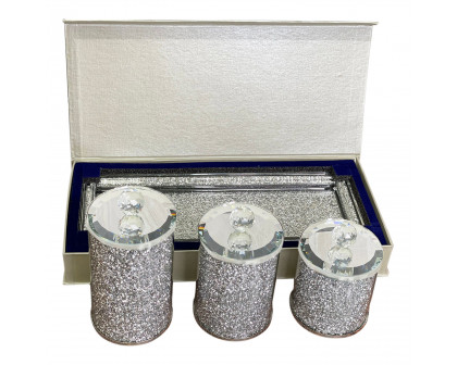 Furnings - Three Canisters and Tray Gift Set, Silver Crushed Diamond Glass