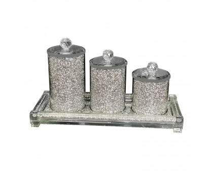 Furnings - Three Canisters and Tray Gift Set, Silver Crushed Diamond Glass