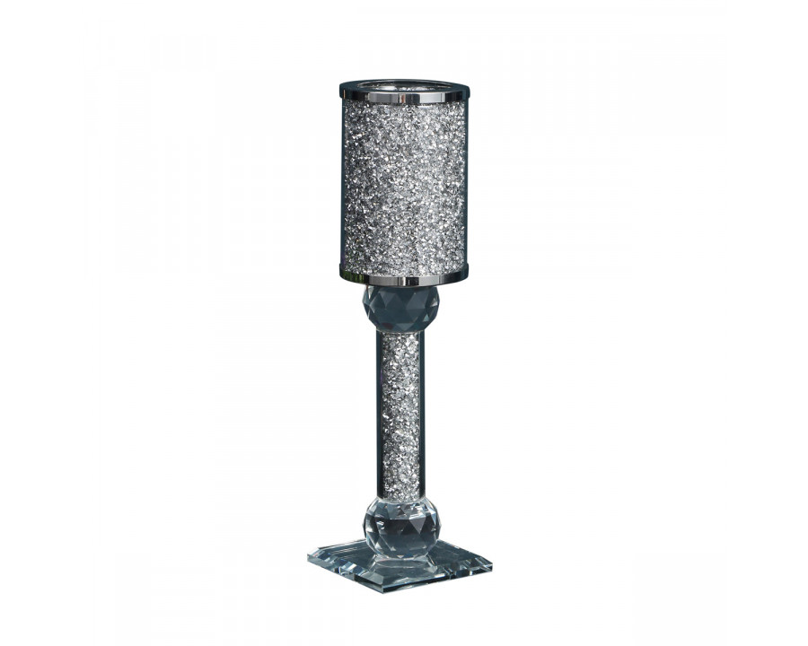 Furnings Ambrose Exquisite Candle Holder in Gift Box, Silver Crushed Diamonds Glass - 12.25"H x 2.75"D