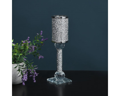 Furnings Ambrose Exquisite Candle Holder in Gift Box, Silver Crushed Diamonds Glass - 12.25"H x 2.75"D