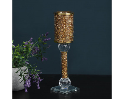 Furnings Ambrose Exquisite Candle Holder in Gift Box, Gold Crushed Diamonds Glass - 11"H x 2.75"D