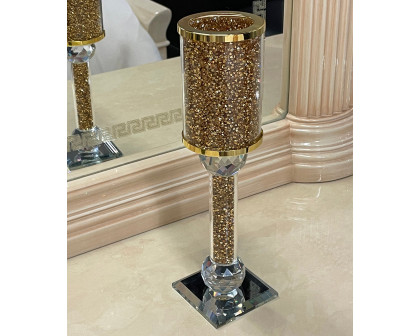 Furnings Ambrose Exquisite Candle Holder in Gift Box, Gold Crushed Diamonds Glass - 11"H x 2.75"D