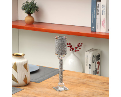 Furnings Ambrose Exquisite Candle Holder in Gift Box, Silver Crushed Diamonds Glass - 11"H x 2.75"D