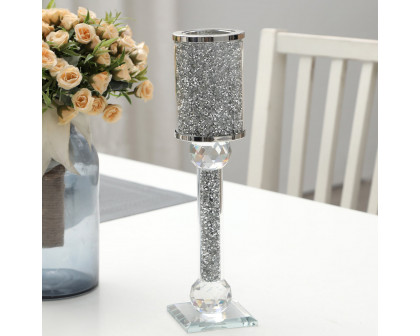 Furnings Ambrose Exquisite Candle Holder in Gift Box, Silver Crushed Diamonds Glass - 11"H x 2.75"D