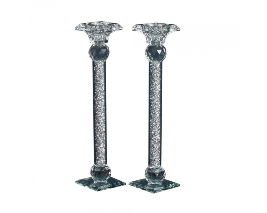 Furnings - Ambrose 2 Candle Holder Set in Gift Box, Silver Crushed Diamonds Glass