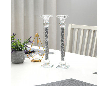 Furnings - Ambrose 2 Candle Holder Set in Gift Box, Silver Crushed Diamonds Glass