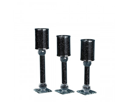 Furnings - Ambrose 3 Candles Holder Set, Black Crushed Diamonds Glass