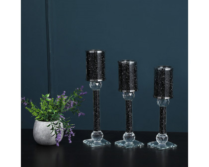 Furnings Ambrose 3 Candles Holder Set, Black Crushed Diamonds Glass