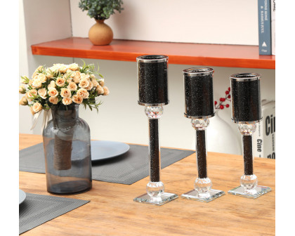 Furnings Ambrose 3 Candles Holder Set, Black Crushed Diamonds Glass