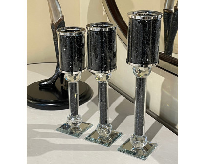 Furnings Ambrose 3 Candles Holder Set, Black Crushed Diamonds Glass