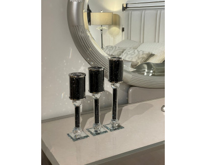 Furnings Ambrose 3 Candles Holder Set, Black Crushed Diamonds Glass