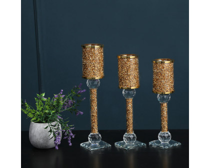 Furnings Ambrose 3 Candles Holder Set, Gold Crushed Diamonds Glass