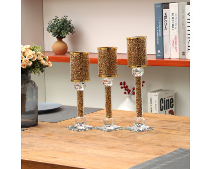 Furnings Ambrose 3 Candles Holder Set, Gold Crushed Diamonds Glass