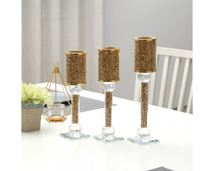 Furnings Ambrose 3 Candles Holder Set, Gold Crushed Diamonds Glass