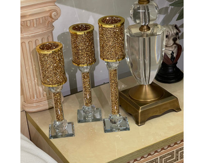 Furnings Ambrose 3 Candles Holder Set, Gold Crushed Diamonds Glass