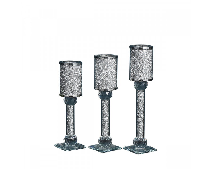 Furnings Ambrose 3 Candles Holder Set, Silver Crushed Diamonds Glass