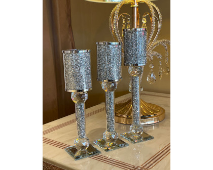 Furnings Ambrose 3 Candles Holder Set, Silver Crushed Diamonds Glass