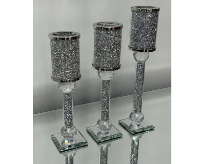 Furnings Ambrose 3 Candles Holder Set, Silver Crushed Diamonds Glass