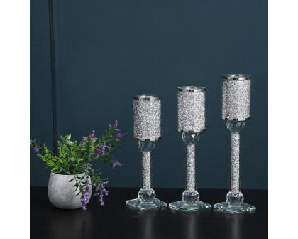 Furnings Ambrose 3 Candles Holder Set, Silver Crushed Diamonds Glass