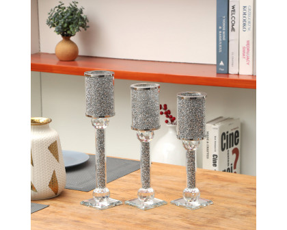 Furnings Ambrose 3 Candles Holder Set, Silver Crushed Diamonds Glass