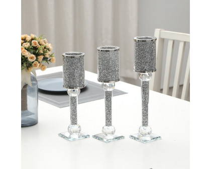 Furnings Ambrose 3 Candles Holder Set, Silver Crushed Diamonds Glass