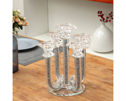 Furnings Ambrose 5 Candles Holder with Pendants, Silver Crushed Diamonds Glass