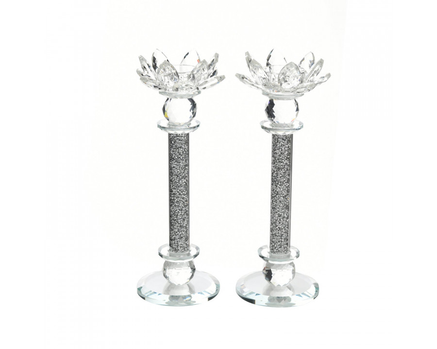 Furnings - Ambrose Exquisite 2 Candle Holder Set in Gift Box, Silver Crushed Diamonds Glass