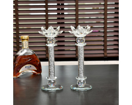 Furnings - Ambrose Exquisite 2 Candle Holder Set in Gift Box, Silver Crushed Diamonds Glass