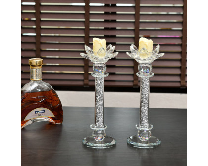 Furnings - Ambrose Exquisite 2 Candle Holder Set in Gift Box, Silver Crushed Diamonds Glass