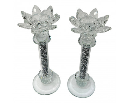 Furnings - Ambrose Exquisite 2 Candle Holder Set in Gift Box, Silver Crushed Diamonds Glass