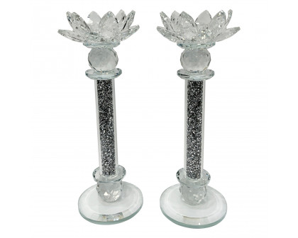 Furnings - Ambrose Exquisite 2 Candle Holder Set in Gift Box, Silver Crushed Diamonds Glass