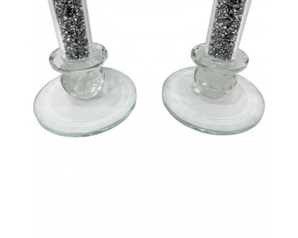 Furnings - Ambrose Exquisite 2 Candle Holder Set in Gift Box, Silver Crushed Diamonds Glass