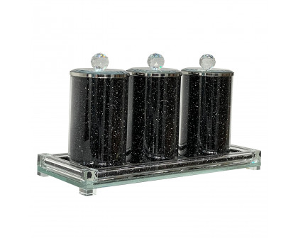 Furnings - Three Glass Canister Set on a Tray, Black Crushed Diamond Glass