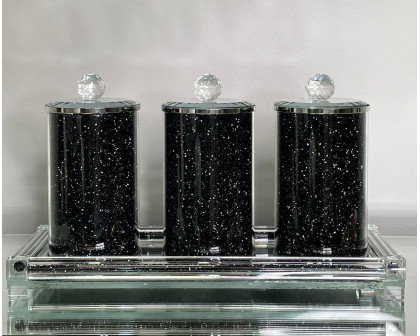 Furnings Three Glass Canister Set on a Tray, Black Crushed Diamond Glass - 5.5"H x 4"D