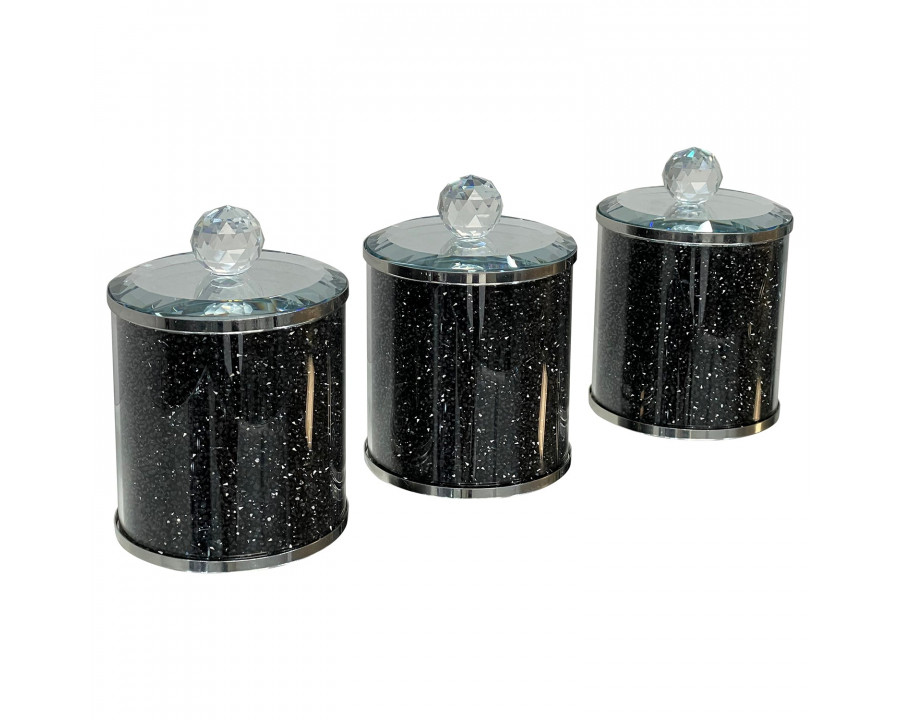 Furnings - Exquisite Three Glass Canister Set, Black Crushed Diamond Glass in 5.5"H x 4"D