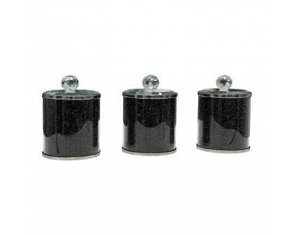 Furnings - Exquisite Three Glass Canister Set, Black Crushed Diamond Glass in 5.5"H x 4"D