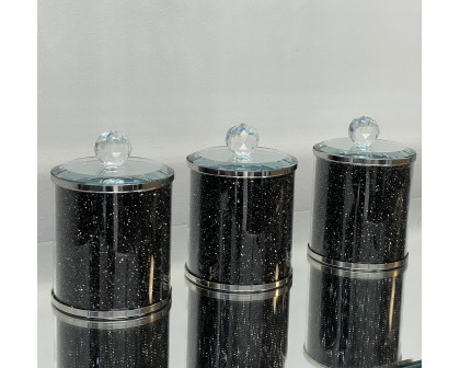 Furnings - Exquisite Three Glass Canister Set, Black Crushed Diamond Glass in 5.5"H x 4"D