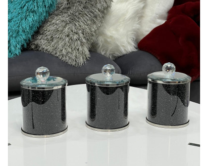 Furnings - Exquisite Three Glass Canister Set, Black Crushed Diamond Glass in 5.5"H x 4"D