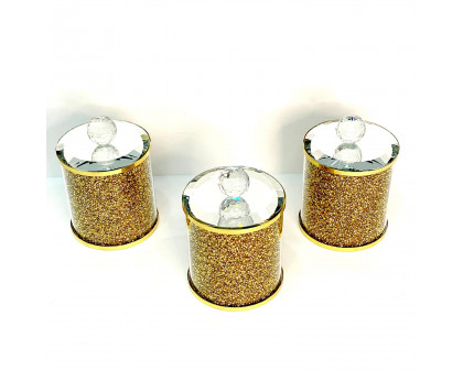 Furnings - Exquisite Three Glass Canister Set, Gold Crushed Diamond Glass in 5.5"H x 4"D